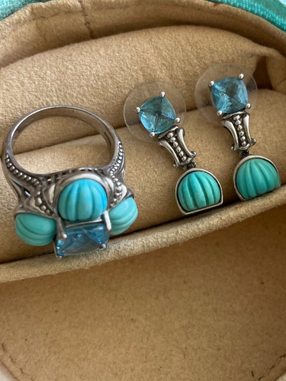 Victoria Wieck Sterling Silver Swiss Blue Topaz & Turquoise Ring Earrings Set